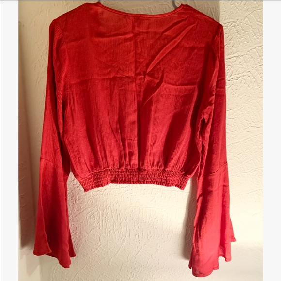 Red Orange Boho Crop Top with Flared Sleeve - Picture 3 of 4